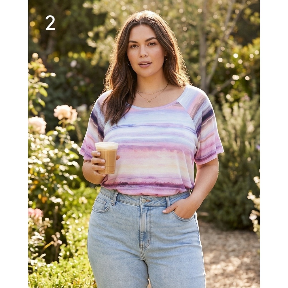 Torrid 2 Super Soft Knits Stripe Dolman Tee Plus‎ 2X Purple Pink Watercolor